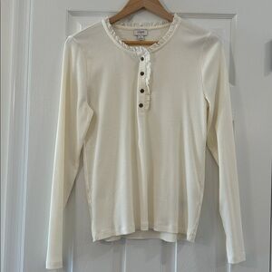 J. Crew Cream Ribbed Ruffle-Trim Button Henley shirt